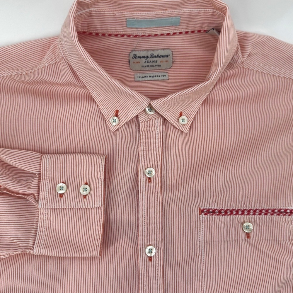 Tommy Bahama Jeans Mens XL Island Modern Fit Orange Striped Button Down